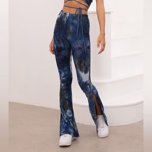 Lucy in the Sky Midnight in Paris Flare Split Leg Pants in Blue Tie Dye Eyelet